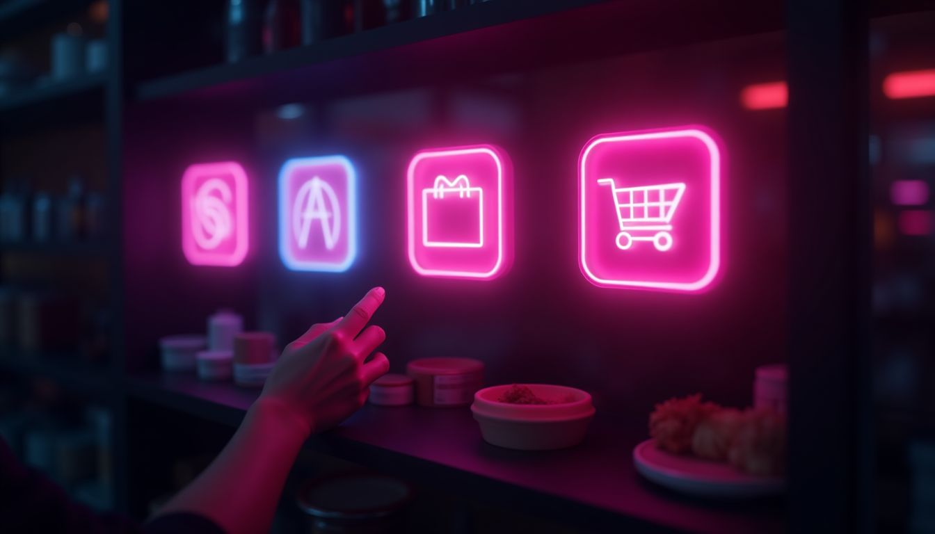 Online marketplace shelves glowing in fuchsia light — choosing where to sell guide