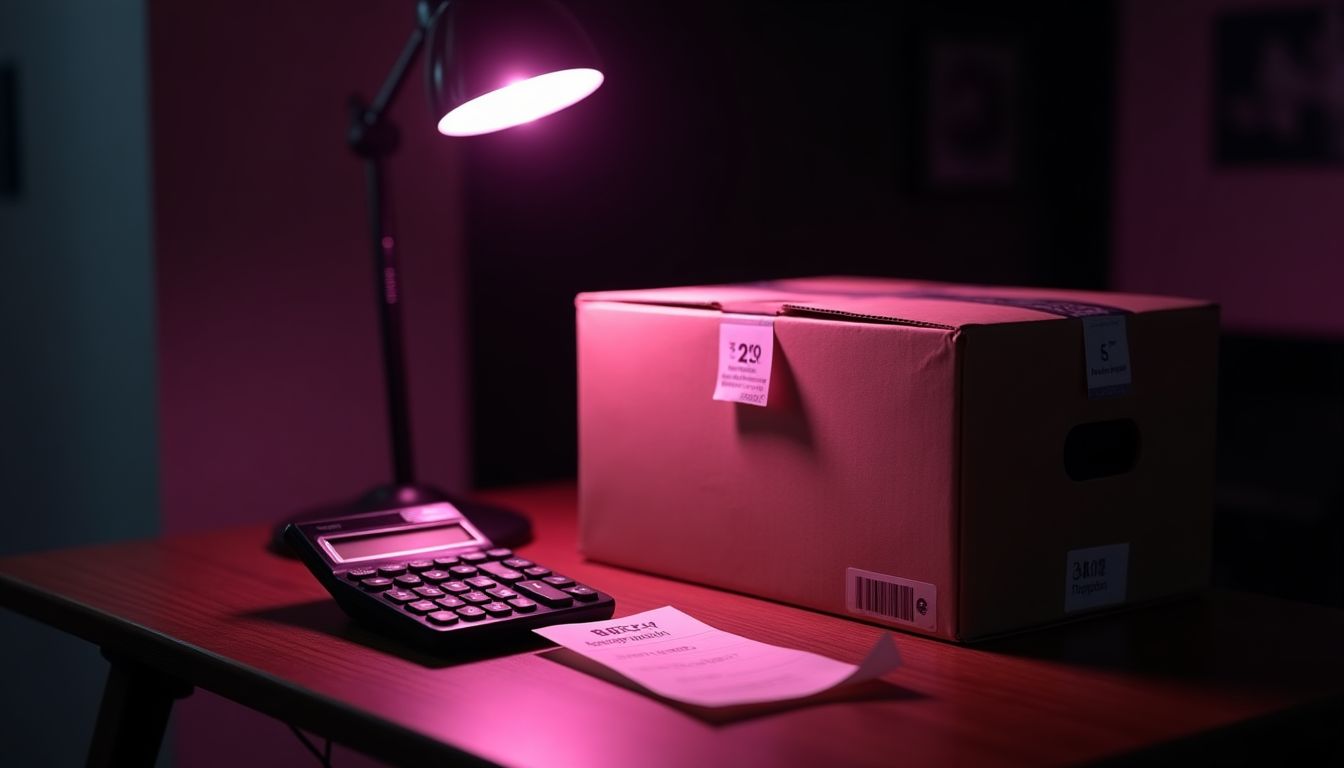 A delivery box and receipts under warm magenta light on dark wood — fees, price and shipping guide