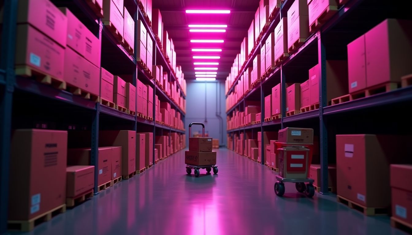 Organised stock shelves with a small cart in fuchsia light β listings, stock and growth guide